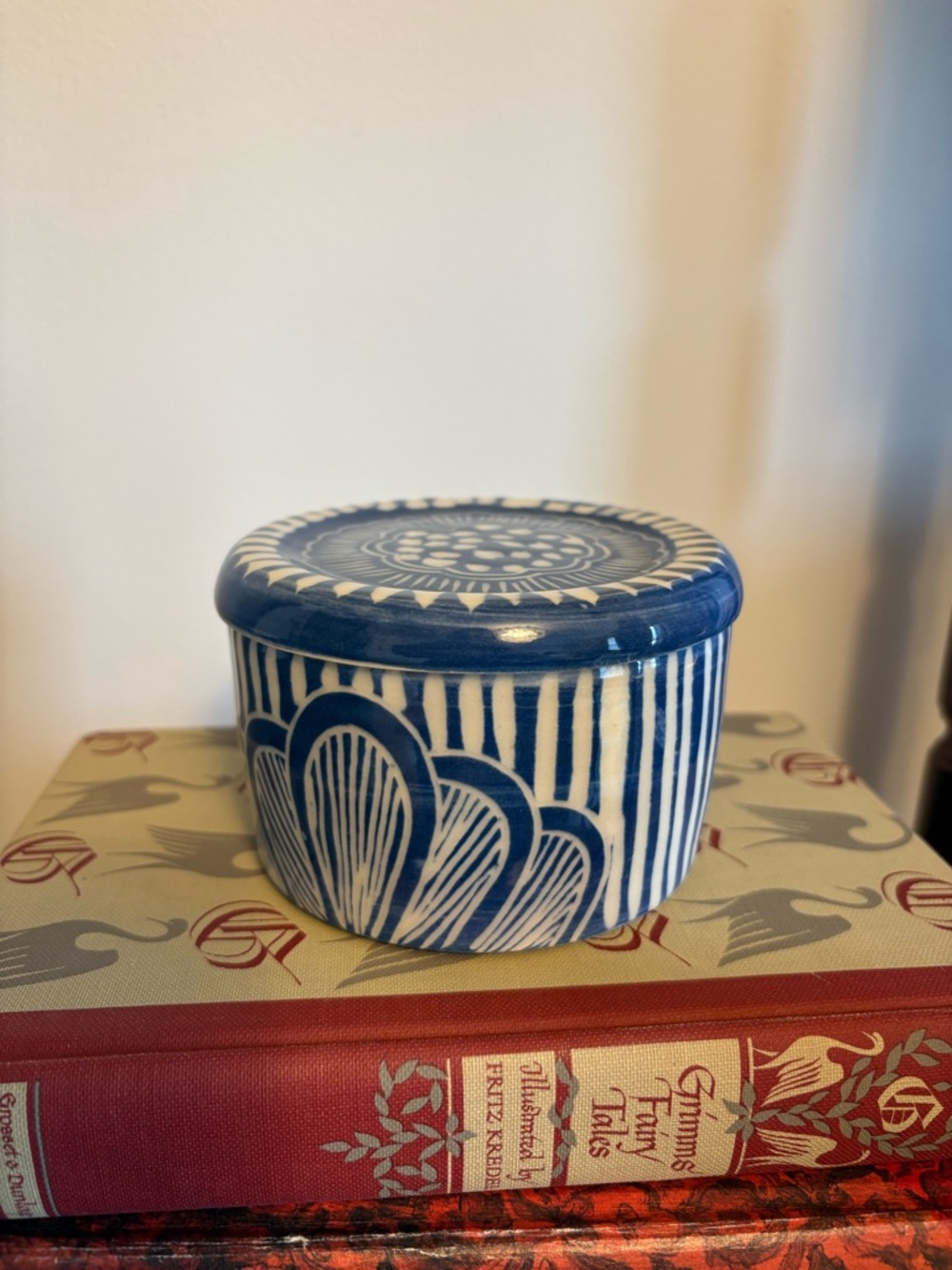 Vintage French Butter Dish - Blue and white ceramic butter bell